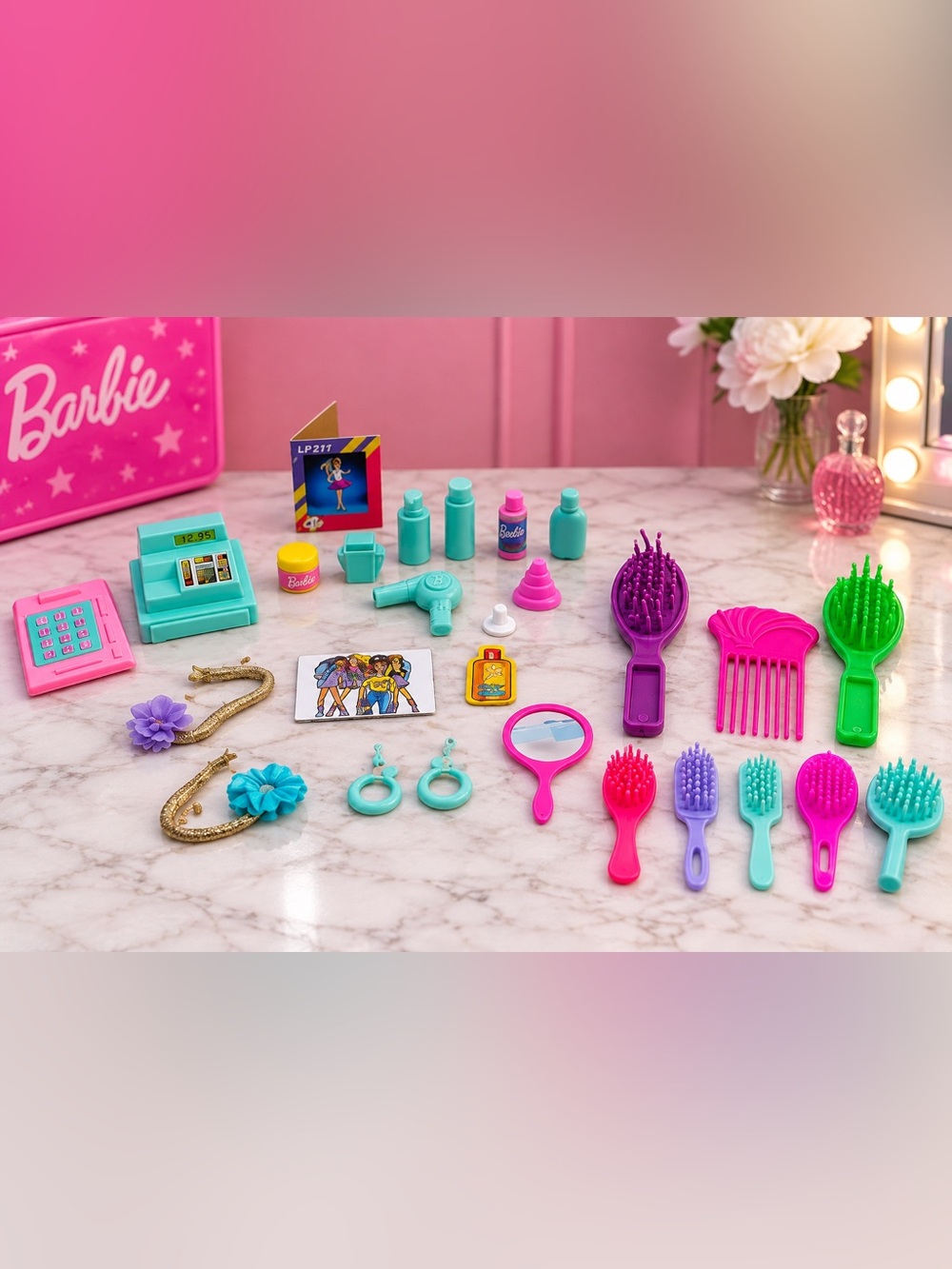 Vintage Barbie Salon Accessories Lot 80s‎ 90s Hair Brushes Cash Register Dryer